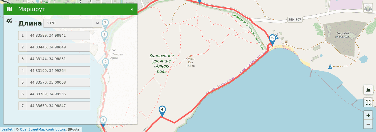 Природный заказник Алчак-Кая трек на карте