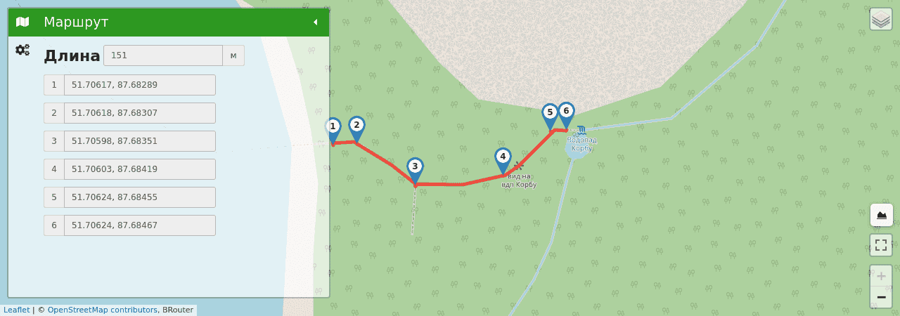 Водно-пеший эколого-просветительский маршрут «Водопад Корбу» трек на карте