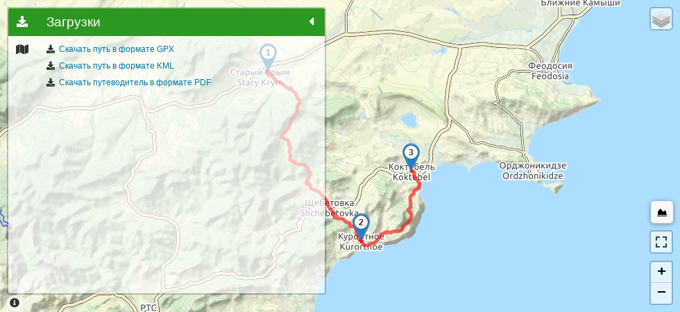 Из Старого Крыма в Коктебель трек на карте