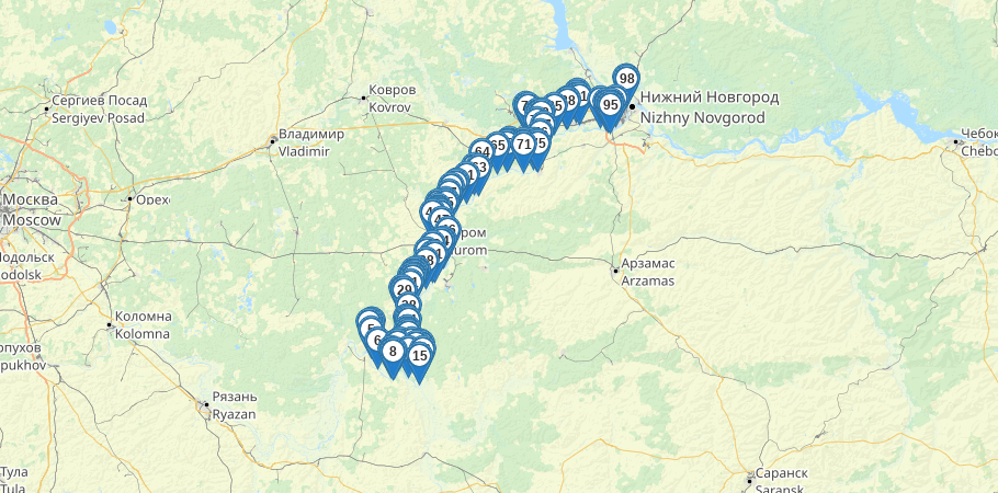 Водный сплав по реке Ока от Касимова до Нижнего Новгорода (длина 406 км) трек на карте
