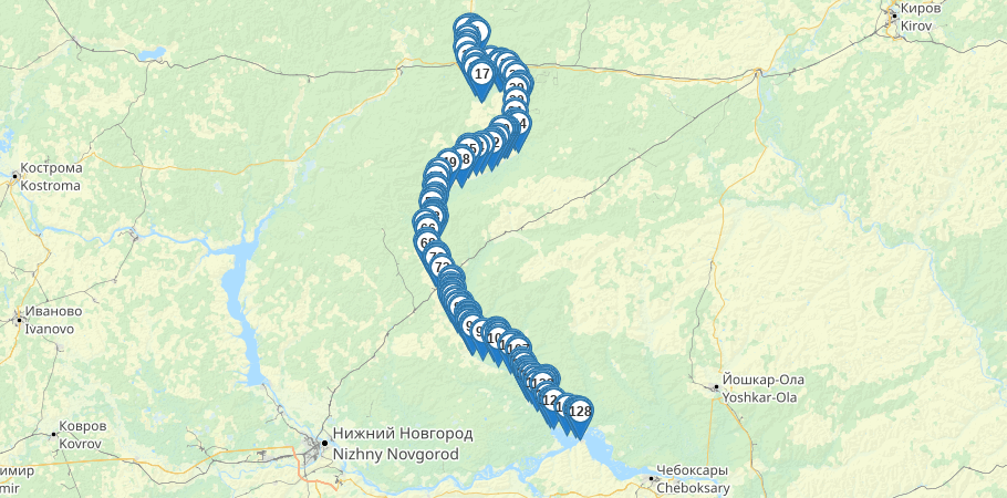 Водный сплав по реке р.Ветлуга (длина маршрута 524 км) трек на карте