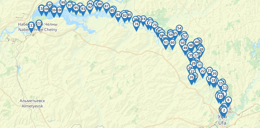 Водный сплав по реке Белая от г. Уфа до г. Набережные Челны (длина 508 км) трек на карте