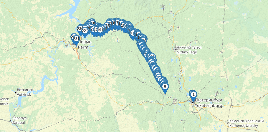 Водный сплав по реке Чусовая от п. Коуровка до д. Адищево (длина  529 км) трек на карте