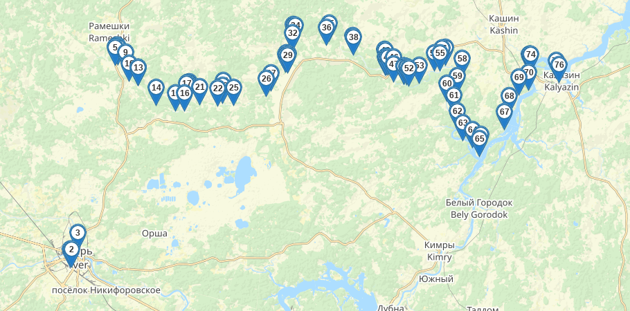 Сплав по реке Медведице (Тверская) от п. Городковский до д. Кочеватово (185 км) трек на карте