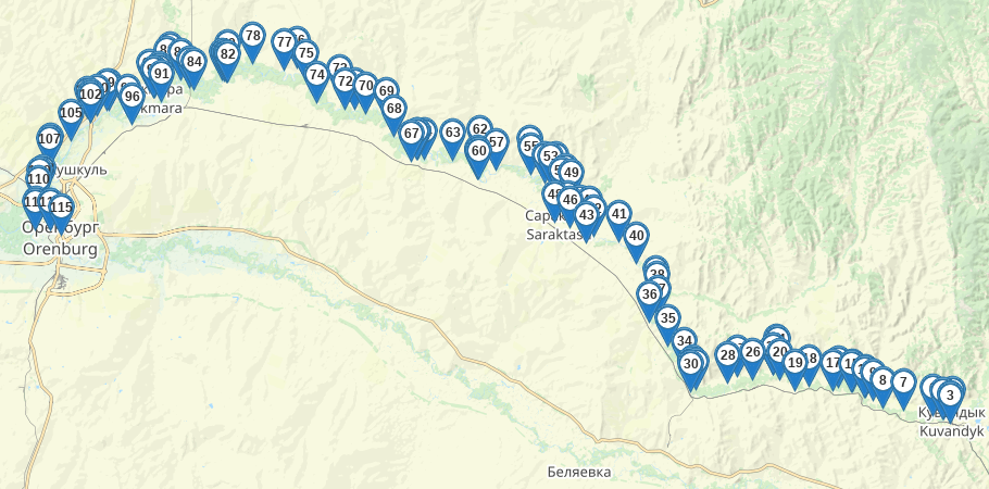 Водный сплав по реке Сакмара от г. Кувандык до г. Оренбург (длина 378 км) трек на карте