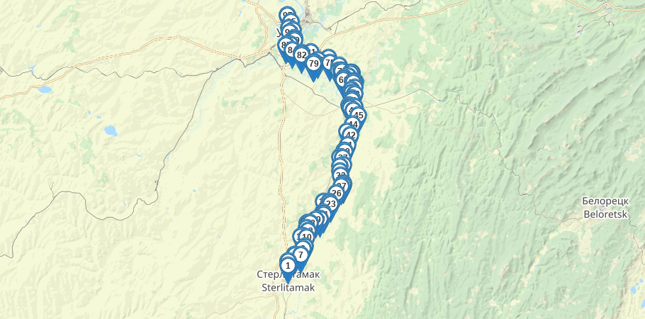 Водный сплав по реке по реке Белая от г. Стерлитамак до г. Уфа (длина 271 км) трек на карте