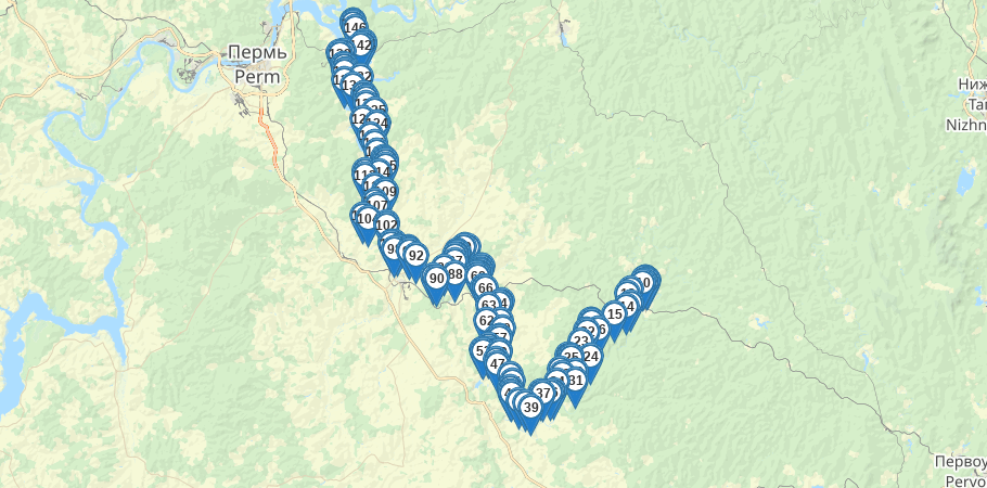 Водный сплав по реке Сылва от п. Шамары до п. Сылва (длина 415 км) трек на карте