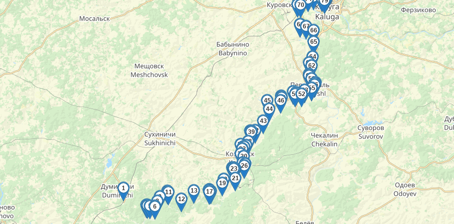 Водный сплав по реке Жиздра (длина 195 км) трек на карте