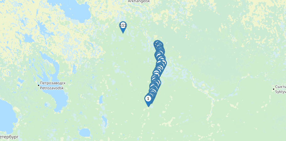 Водный сплав по реке Вага от г. Вельск до п. Березник (длина маршрута 358 км) трек на карте