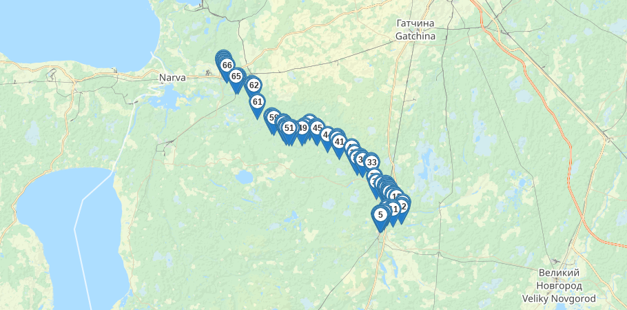 Водный сплав по реке Луга от г. Луга до г. Кингисепп (длина 158 км) трек на карте