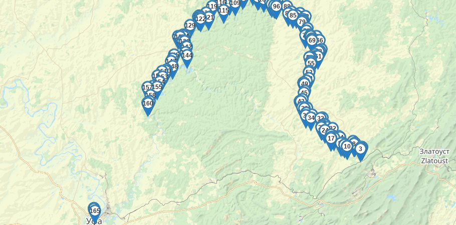 Водный сплав по р. Ай от п. Межевой до с. Павловка (длина 514 км) трек на карте