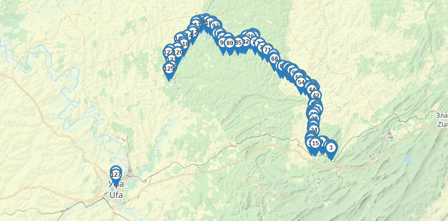 Водный сплав по реке Юрюзань от п. Вязовая до с. Павловка (длина 363 км) трек на карте