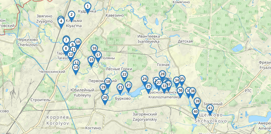 Водный сплав по р. Клязьма от г. Пушкино до г. Щелково (длина 24 км) трек на карте