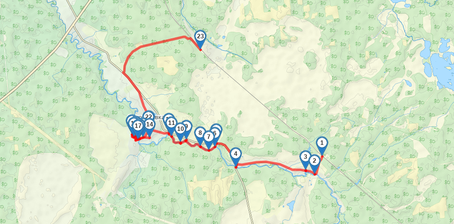 Среднее течение реки Мга трек на карте