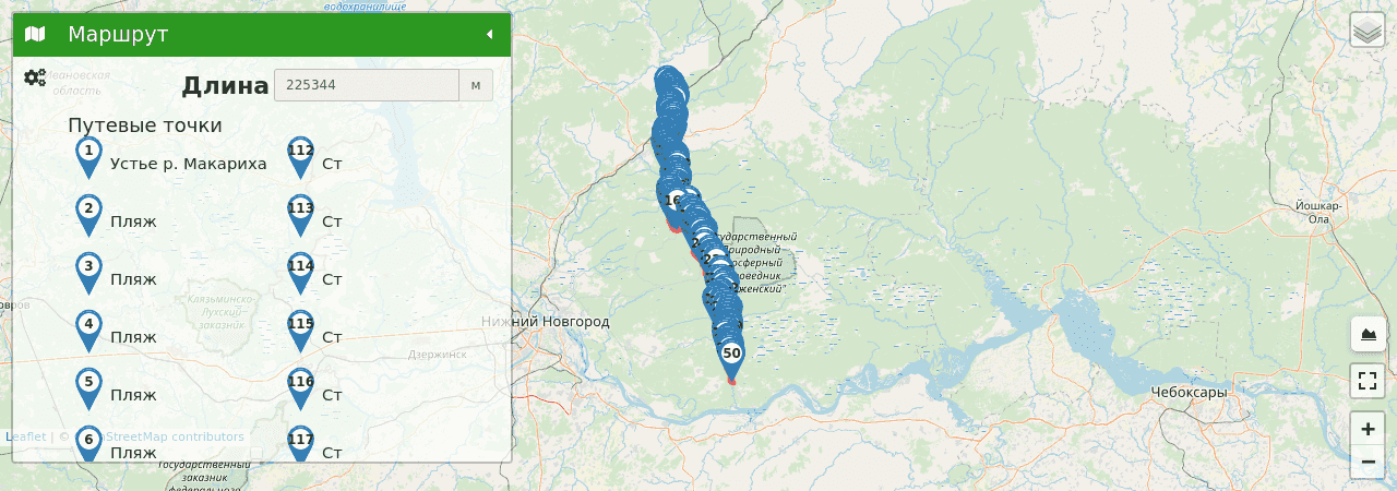 Водный по р. Керженец трек на карте