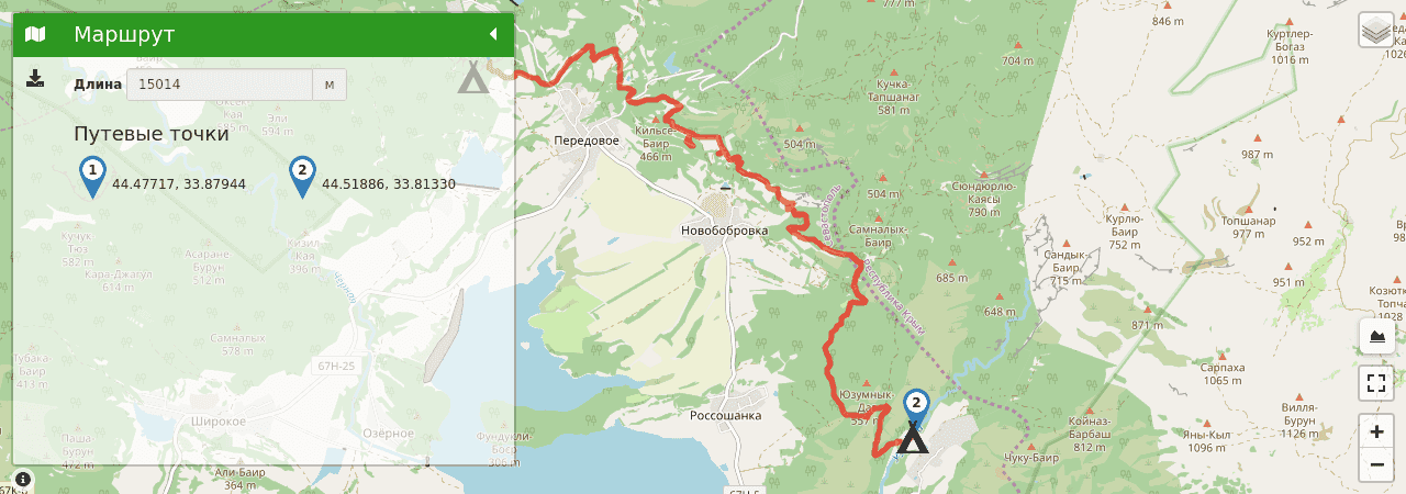 От села Передовое до турстоянки «Узунджа» (Большая севастопольская тропа) трек на карте